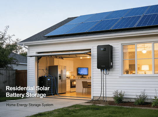 Rakour Energy | LiFePO4 Battery & Energy Storage System Manufacturer — HV & LV Series Rakour LV wall-mounted LiFePO4 home battery storage system installed in a residential garage, paired with solar PV for whole house battery backup and solar self-consumption